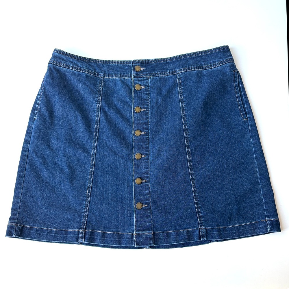 Charter Club‎ A Line Denim Mini Skirt Womens Sz 16 Blue Contrast Stitch Button